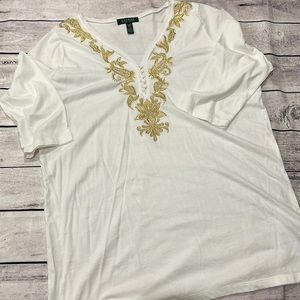Lauren Ralph Lauren White Tunic 3/4 Sleeve Tshirt with Gold‎ Detailing Sz 1X